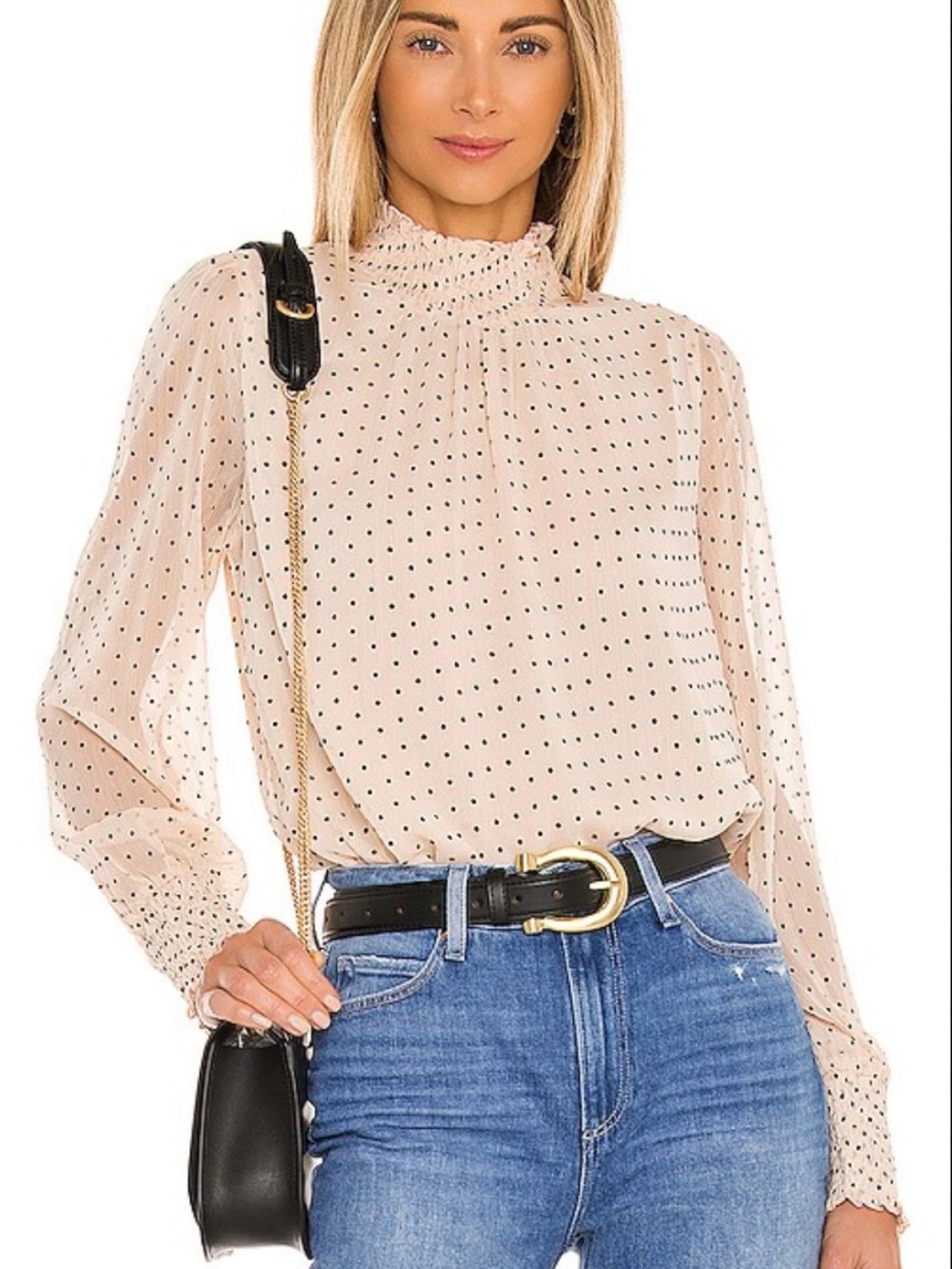 Sanctuary Polka Dot High-Neck Blouse - Cream and Black